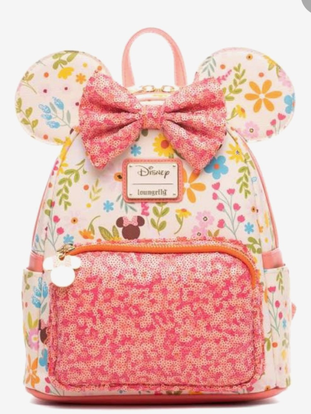 Loungefly Pink Floral Minnie Ear Sequin Bow Mini Backpack